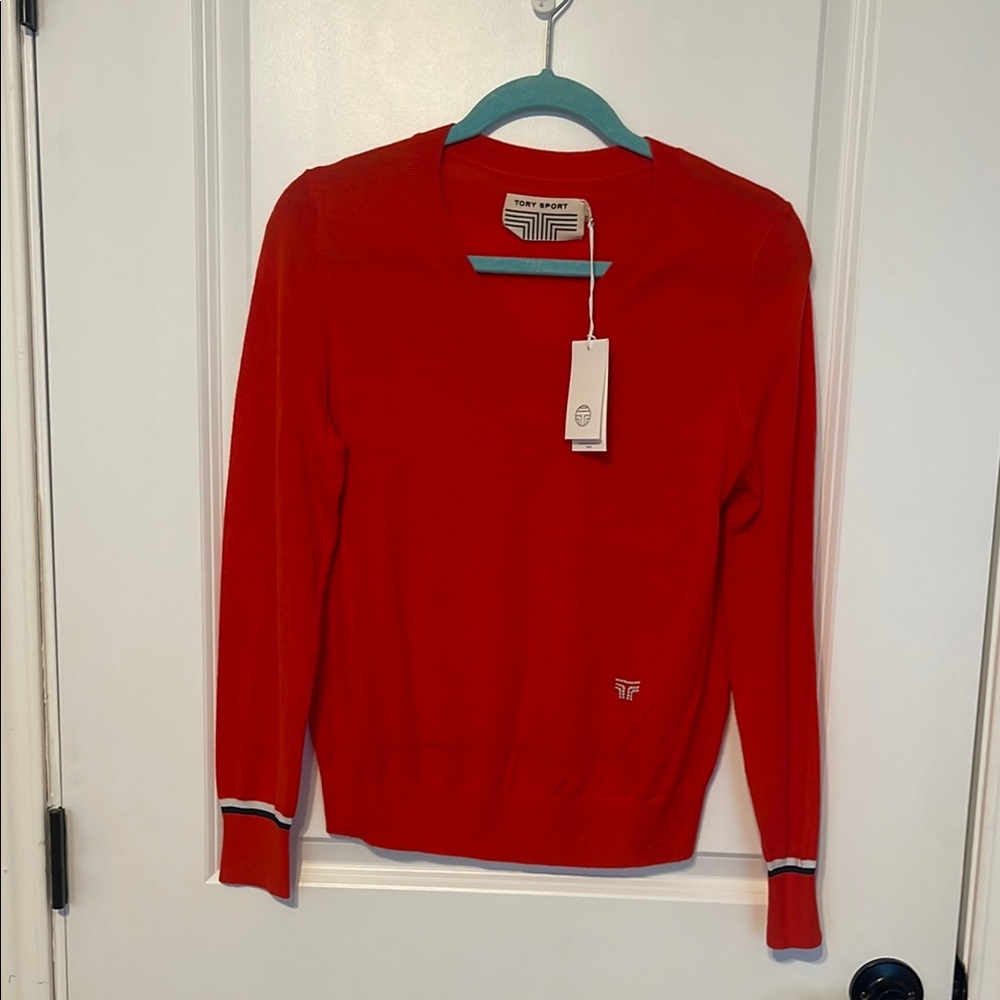 Tory Burch Women's Performance Merino V-Neck Red Sweater